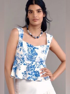 Anthropologie Maeve White/Blue Floral Print Peplum Top/Sleeveless: M